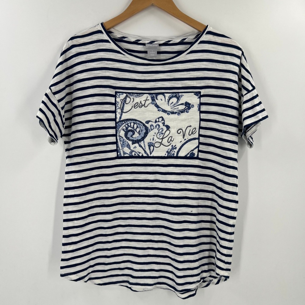 Chicos Striped Tunic Top C'est La Vie Graphic Print Women's Size 1 M